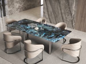 Italian Minimalist Blue Emerald Luxury Stone Rectangular Dining Table – Modern Elegance for Contemporary Homes